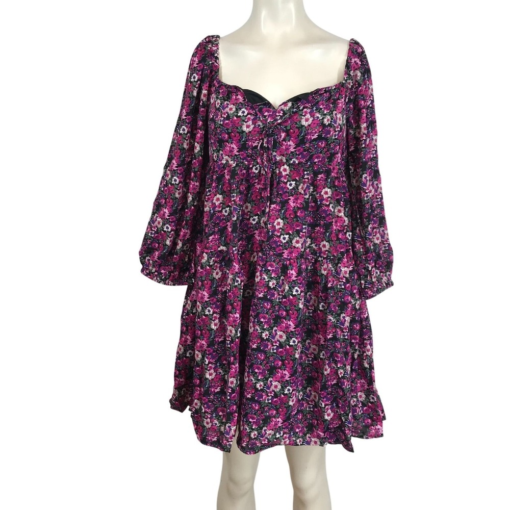 ENTRO - WOMEN'S MEDIUM - FLORAL LONG SLEEVE TIES AT NECK POLYESTER SHIFT DRESS
